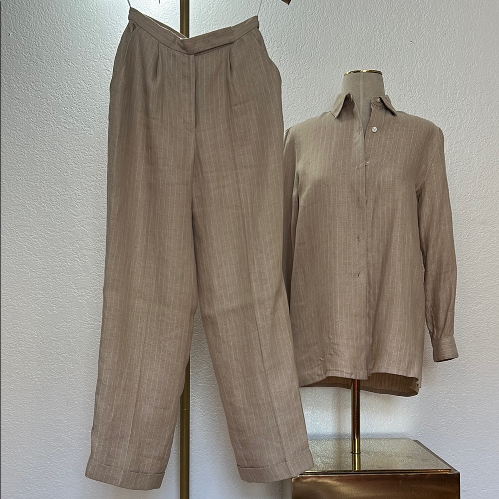 Ralph Lauren 100%: Beige Button-Up Shirt and Trousers.